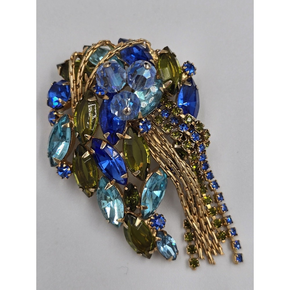 Vintage Mid-Century Blue‎ & Olive Green Rhinestone Cascade Brooch Pin 3" - Picture 11 of 12